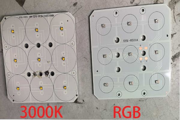 An image comparing a single high-power 5W LED chip with a 3-in-1 RGB LED chip.